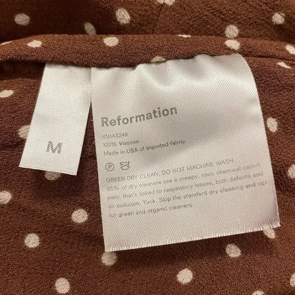 Reformation Lucky Wrap Mini Dress in Cappuccino Brown & White Polka Dot Print - Picture 10 of 14